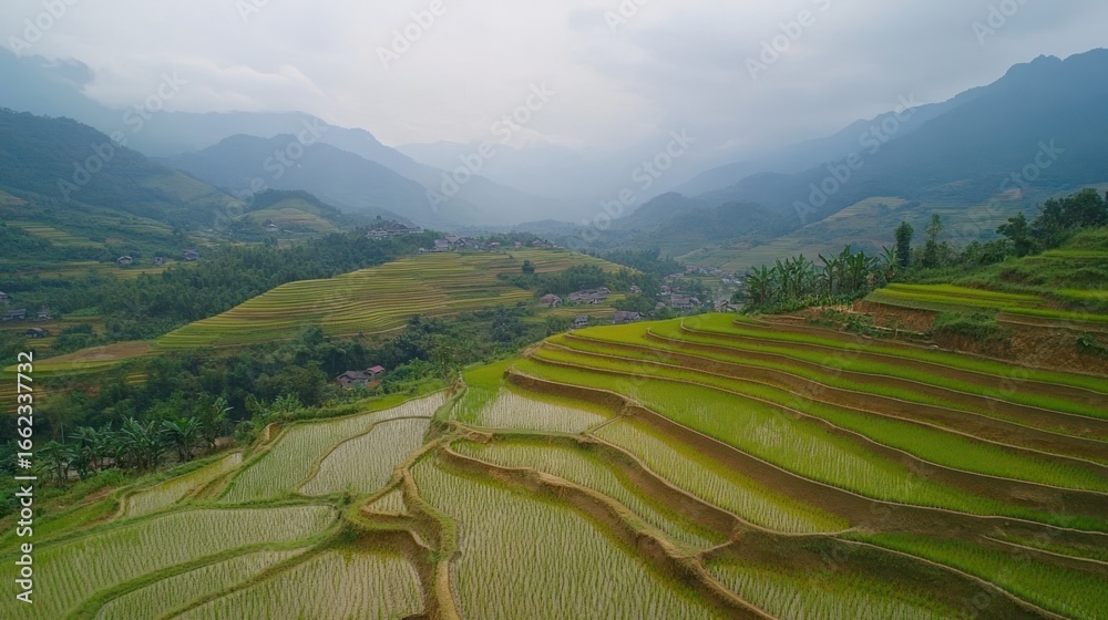 Fototapeta premium Aerial view of rice terraces in mountains.