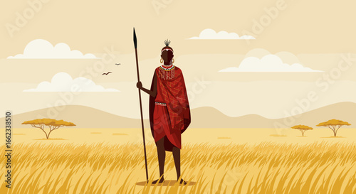 Maasai warrior standing proudly in serene african savanna digital art vibrant landscape inspirational viewpoint. Vector illustration