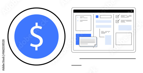 Dollar symbol beside a structured interface on a screen with charts and data blocks. Ideal for finance, budget management, accounting, savings, analytics, organization, investment. Simple flat