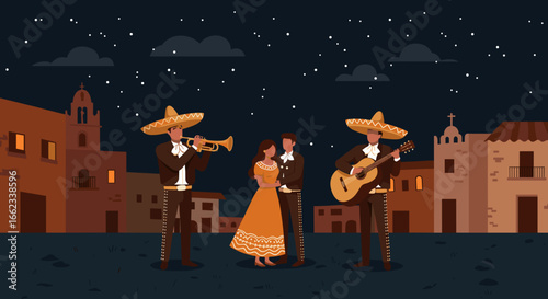 Celebrating mariachi music cultural plaza digital artwork nighttime artistic viewpoint vibrant traditions. Vector illustration