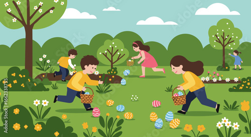 Children enjoying easter egg hunt in vibrant garden spring day family activity outdoor joyful scene. Vector illustration