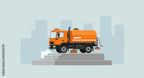 Street cleaning action by a specialized truck in urban areas graphic illustration with a minimalistic design. Vector illustration