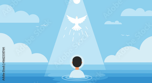 Spiritual awakening journey serene ocean digital artwork tranquil environment elevated viewpoint inner peace concept. Vector illustration