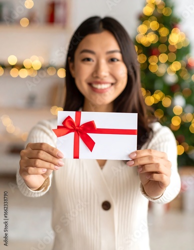 Woman holding gift card with red ribbon