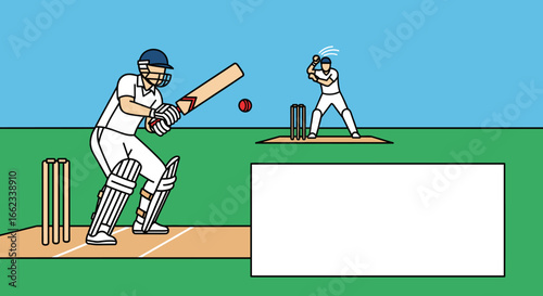 Cricket illustration vector, batsman hitting ball, sports concept flat design, green field, blue sky