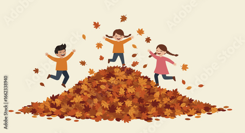 Children playing in a leaf pile autumn park illustration cheerful environment close-up view joyful concept. Vector illustration