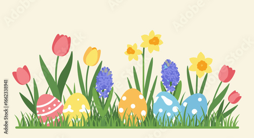Easter egg hunt celebration spring garden digital illustration colorful flowers cheerful atmosphere. Vector illustration