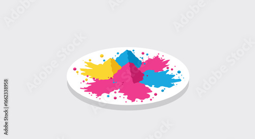 Colorful paint splashes on a plate creative arts event studio environment top view artistic expression. Vector illustration
