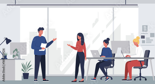Team collaboration session in modern office space digital illustration professional environment engaging viewpoint. Vector illustration