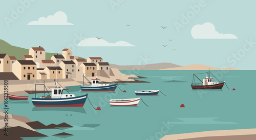 Fishing boats in coastal village seaside landscape digital illustration calm waters aerial view tranquil scene. Vector illustration