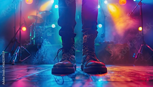 Musician's boots on stage, concert backdrop, smoky lighting
