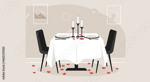 Romantic dinner setup intimate restaurant graphic design elegant atmosphere front view love concept. Vector illustration