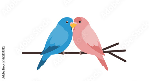 Romantic encounter between colorful budgerigars on a branch in a minimalist setting. Vector illustration
