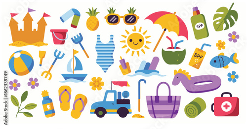 Flat cartoon illustration of beach and summer items on a white background