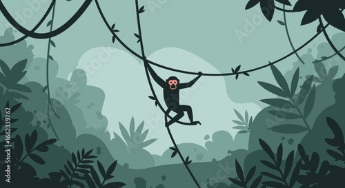 Monkey swinging through lush jungle nature scene digital illustration vibrant green environment playful viewpoint. Vector illustration