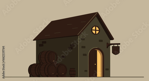 Charming cottage with barrels rustic village illustration warm environment front view cozy concept. Vector illustration