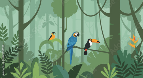 Colorful birds in lush jungle habitat tropical rainforest illustration nature scene vibrant environment. Vector illustration