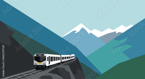 Scenic train journey through mountainous landscapes beautiful railways art serene environment wide view travel concept. Vector illustration