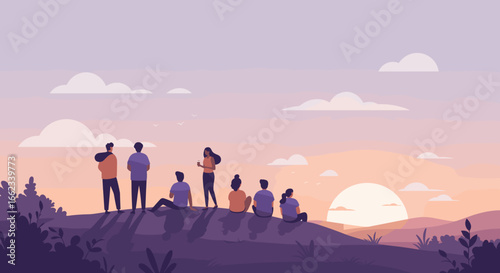 Group of friends enjoying a sunset on a hill outdoor gathering nature scene scenic viewpoint. Vector illustration