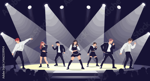 Dynamic dance performance by a talented group on stage concert hall digital art dramatic lighting audience perspective entertainment. Vector illustration