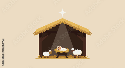 Nativity scene depicting the birth of jesus stable illustration simple warm peaceful atmosphere. Vector illustration