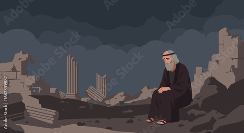 Desolate reflection of an elderly man amidst ruins post-apocalyptic landscape digital art somber atmosphere thoughtful perspective. Vector illustration