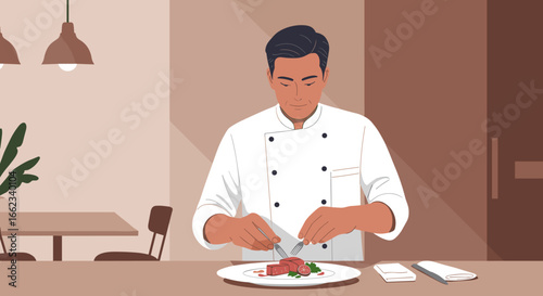 Culinary mastery chef preparing gourmet dish in modern restaurant kitchen focused artistry and passion. Vector illustration