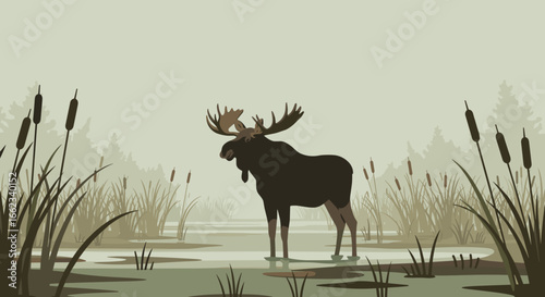 Moose grazing in serene wetland nature illustration tranquil landscape subtle color palette. Vector illustration