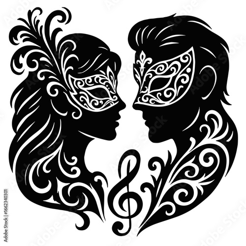 Silhouette illustration of man and woman in masquerade masks with musical note, black and white vector, World Music Day concept