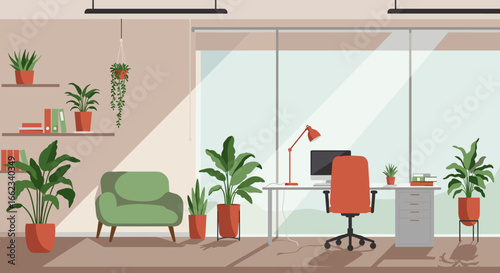Workspace design inspiration modern office interior with green plants bright lighting stylish furniture. Vector illustration