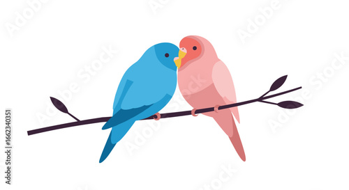 Affectionate parrots cuddling on a branch in minimalist style contemporary art bright environment close-up view. Vector illustration