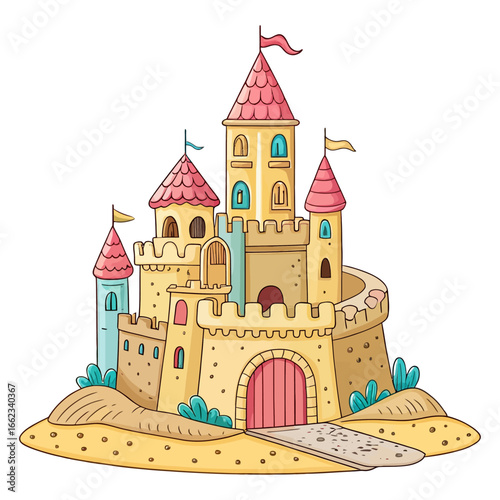 Fairy Tale Castle on a Sand Island Vector Illustration