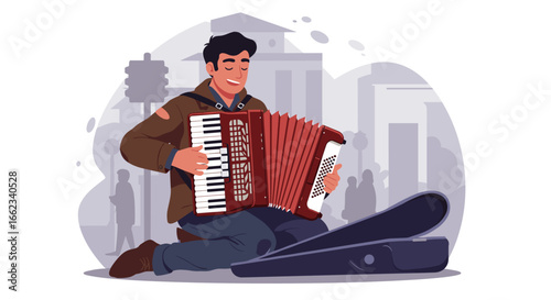 Street musician playing accordion in urban setting colorful illustration vibrant atmosphere engaging viewpoint. Vector illustration