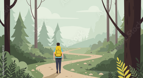 Hiker exploring serene forest path nature landscape digital illustration tranquil environment side view perspective. Vector illustration