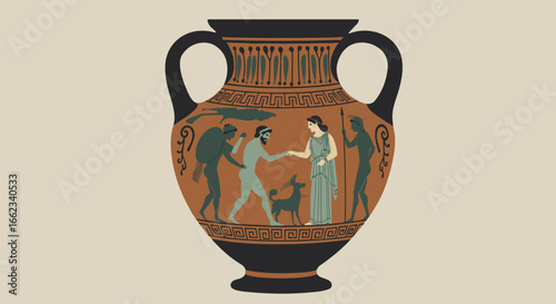 Ancient greek vase depicting mythological scene museum exhibit artwork cultural heritage close-up historical significance. Vector illustration