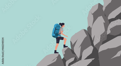 Mountain climbing adventure rocky terrain digital illustration outdoor environment side view exploration concept. Vector illustration