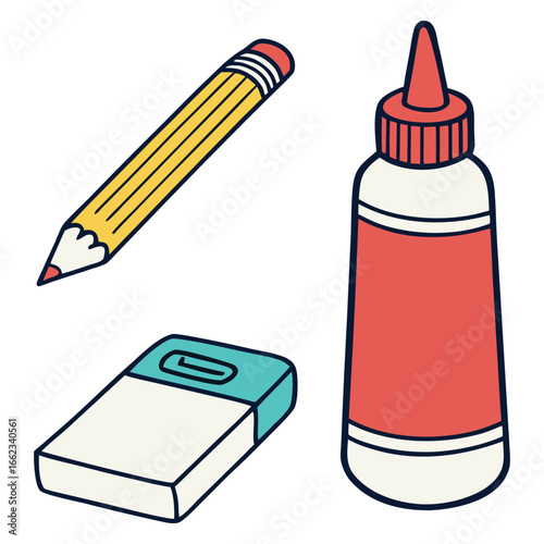 Vector Collection of School Supplies Including Pencil, Rubber and Glue Isolated on White Background