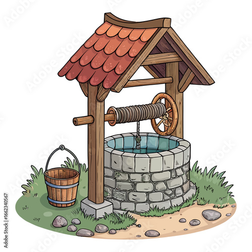 Old Stone Water Well with Wooden Roof and Bucket Vector Illustration Isolated on White Background