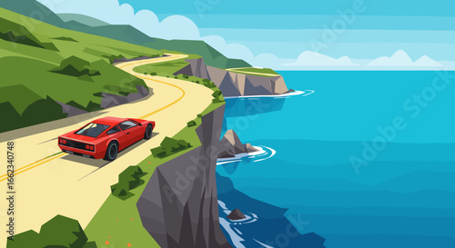 Scenic coastal drive ocean highway digital illustration vibrant landscape aerial perspective adventure concept. Vector illustration