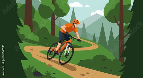 Mountain biking adventure on scenic trails nature landscape outdoor activity vibrant forest dynamic perspective. Vector illustration
