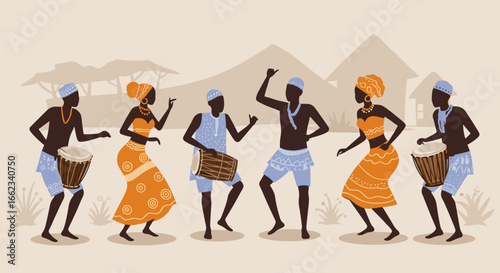 Cultural dance event celebrating traditional music african village illustration festive atmosphere side view community spirit. Vector illustration