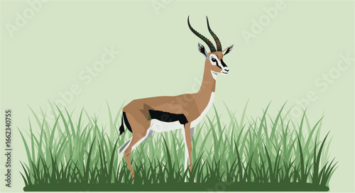 Graceful antelope standing in lush green grass wildlife scene nature illustration serene environment side view. Vector illustration