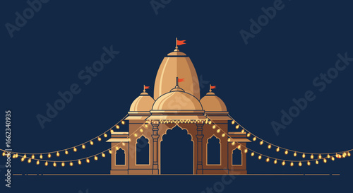 Celebrating festivities at a majestic indian temple vibrant lanterns and flags cultural heritage nighttime architectural beauty. Vector illustration