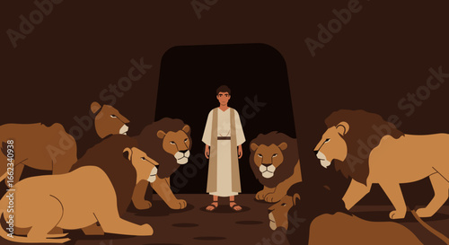 Courageous Daniel among lions in cave animated Bible scene captivating environment dramatic viewpoint. Vector illustration