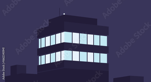 Nighttime skyline view of a modern office building urban setting digital illustration contemporary style. Vector illustration