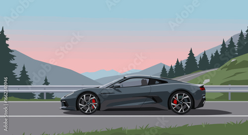 Sporty car driving on scenic mountain road at dusk digital illustration serene landscape side view. Vector illustration