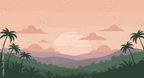 Tranquil sunset scene over lush hills tropical landscape digital art serene environment aesthetic viewpoint. Vector illustration