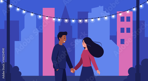 Romantic evening stroll urban cityscape digital illustration vibrant night couple holding hands. Vector illustration