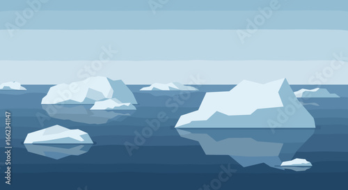 Iceberg formation in arctic ocean nature scene digital illustration calm waters aesthetic perspective. Vector illustration