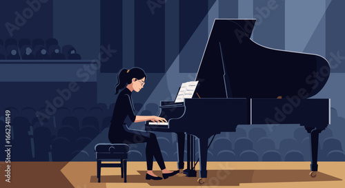 Piano performance by female musician in concert hall artistic illustration dramatic lighting side view. Vector illustration